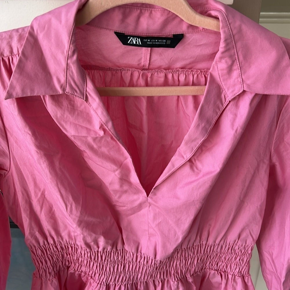 Zara Pink Cotton Poplin Long Sleeve Shirt Min Dress Medium - Picture 5 of 10